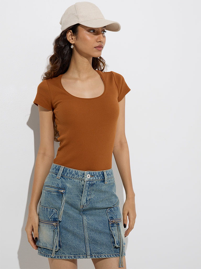 Buy Nuon Brown Ribbed-Textured Cotton-Blend T-Shirt from Westside