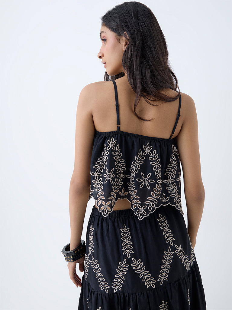Westside LOV Women's Black Schiffli Embroidered Cotton Top for Casual Wear Back View