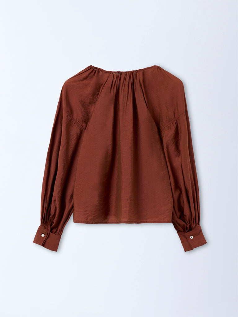 LOV Rust Solid Drawstring Detailed Blouse