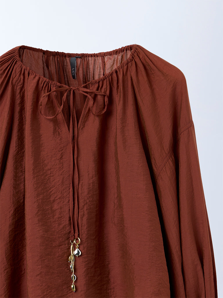 LOV Rust Solid Drawstring Detailed Blouse