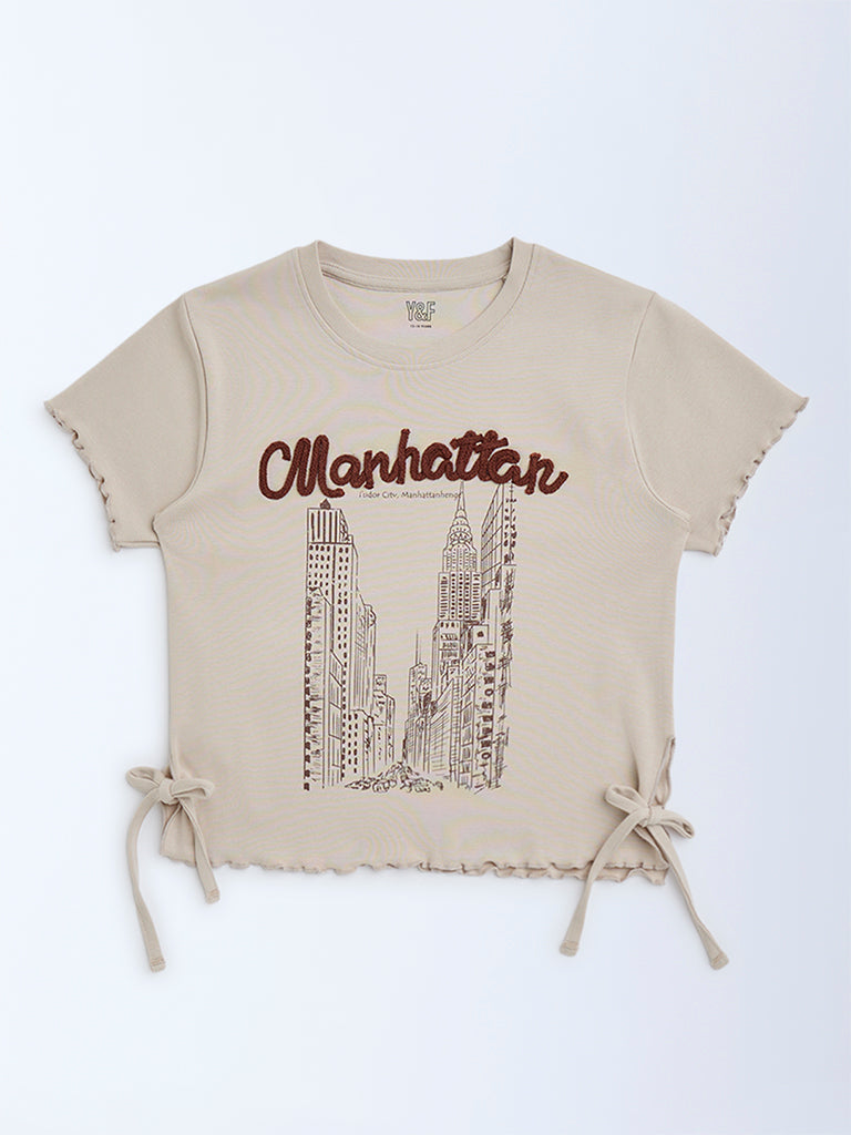 Westside Y&F Girl's Beige Cityscape-Inspired Cotton-Blend T-Shirt for Casual Wear Front View