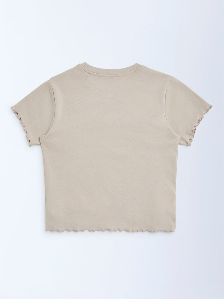Westside Y&F Girl's Beige Cityscape-Inspired Cotton-Blend T-Shirt for Casual Wear Back View
