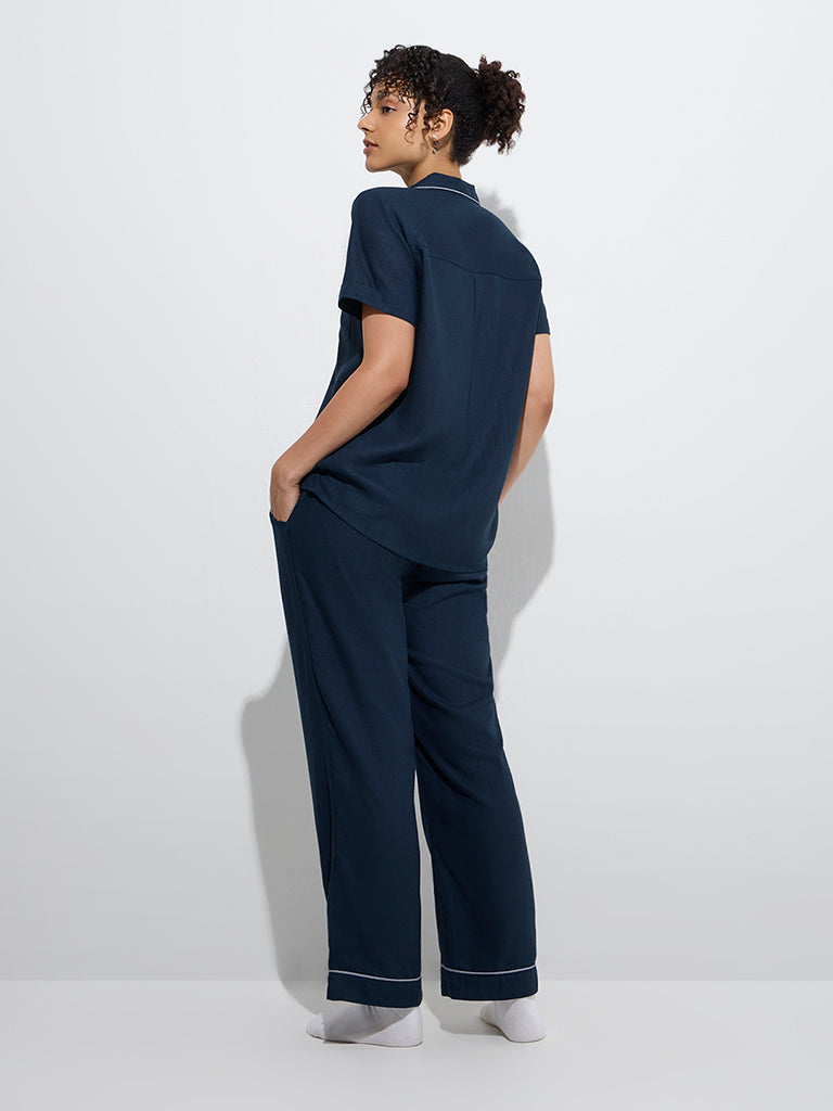 Westside Wunderlove Women's Navy Solid Shirt and Pyjamas Set for Casual Wear Back View