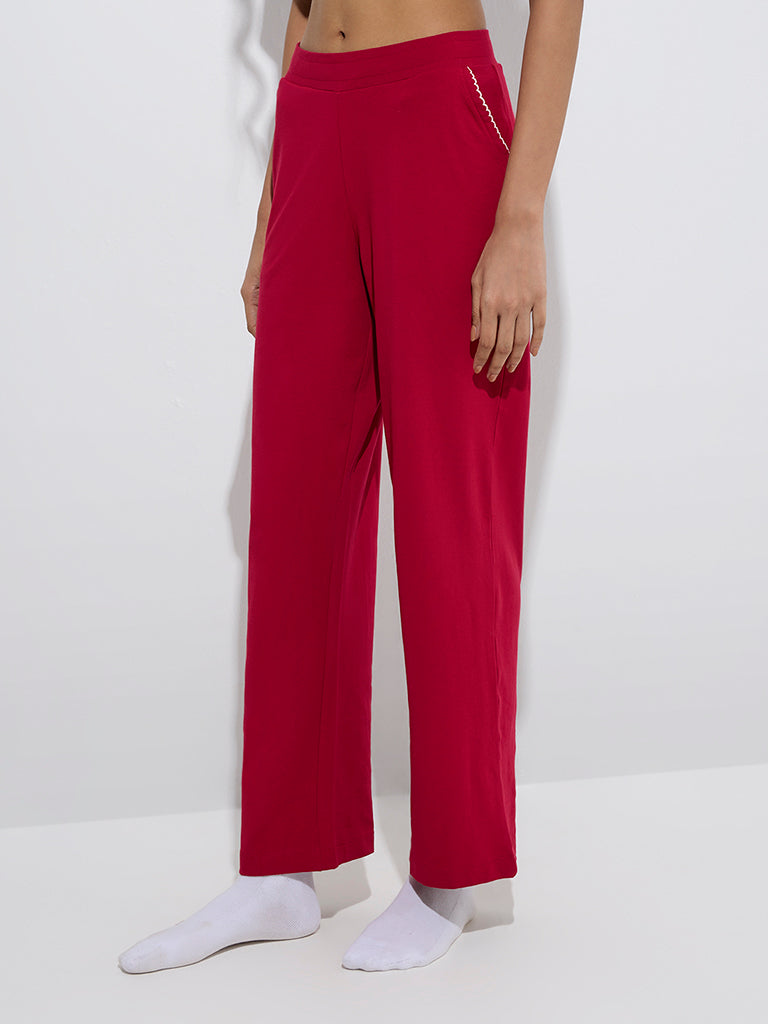 Superstar Red Ribbed High-Rise Cotton-Blend Lounge Pants
