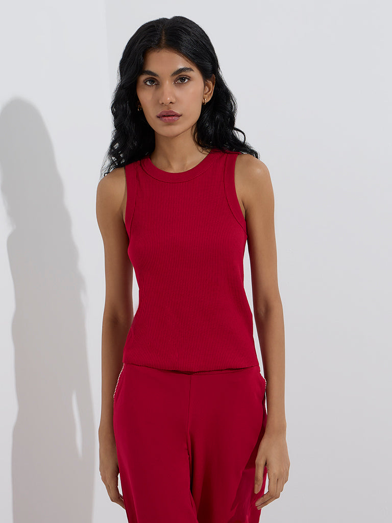 Westside Superstar Women's Red Ribbed-Textured Cotton-Blend Tank Top for Casual Wear Front View
