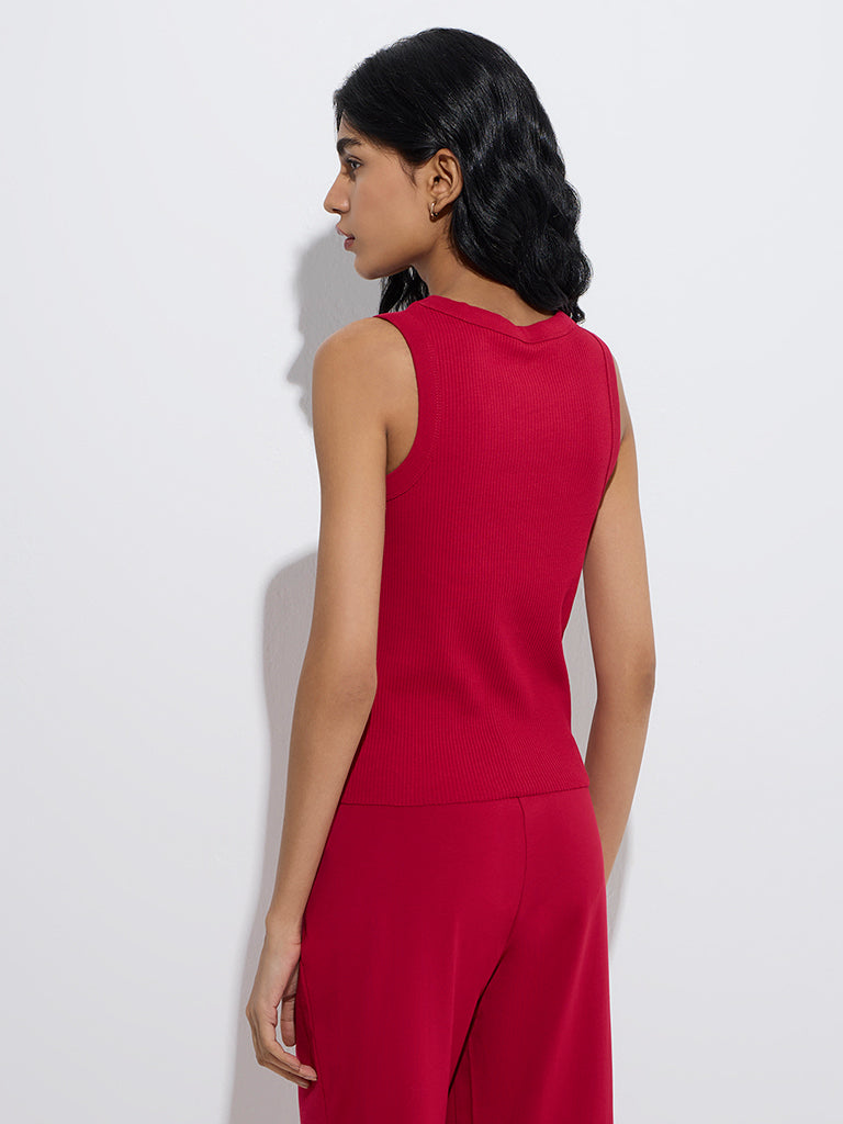 Westside Superstar Women's Red Ribbed-Textured Cotton-Blend Tank Top for Casual Wear Back View