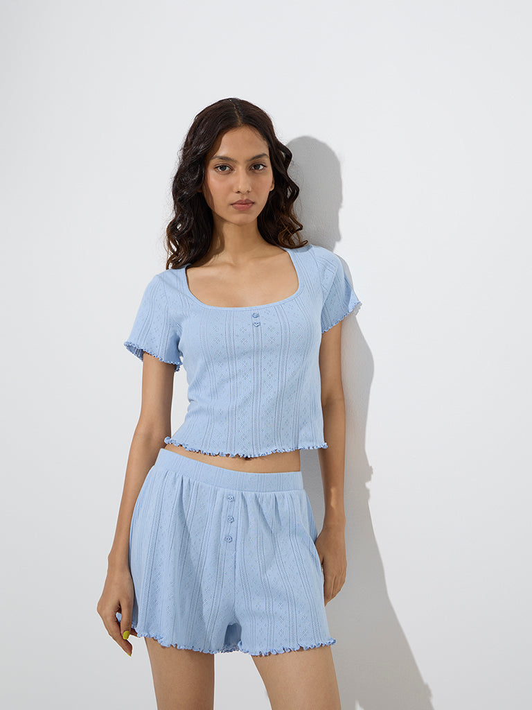 Superstar Light Blue Pointelle-Knitted Cotton Top