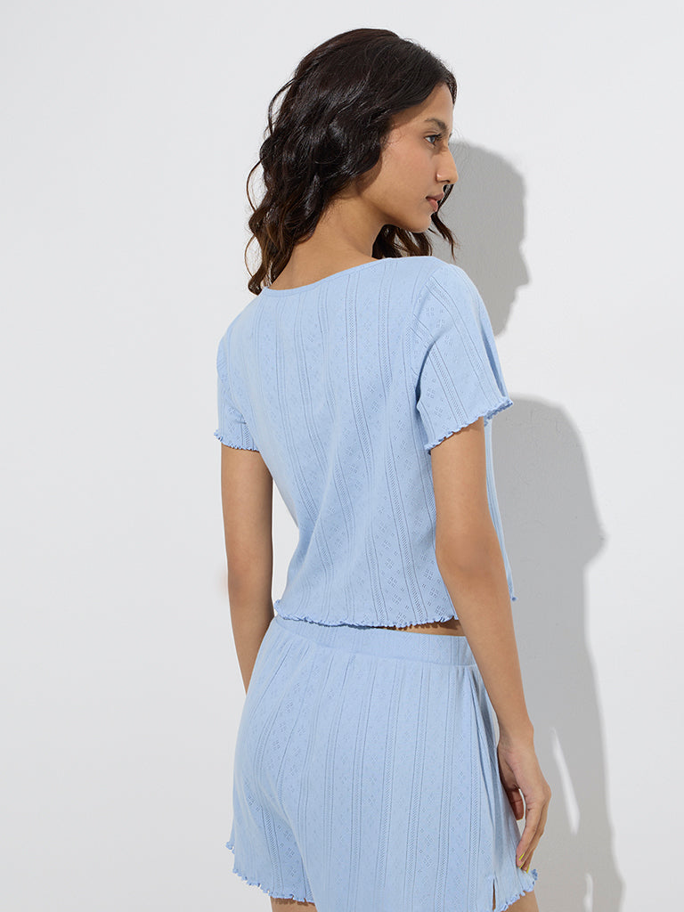 Superstar Light Blue Pointelle-Knitted Cotton Top