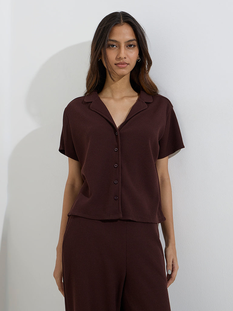 Westside Superstar Women's Brown Waffle-Textured Shirt for Casual Wear Front View