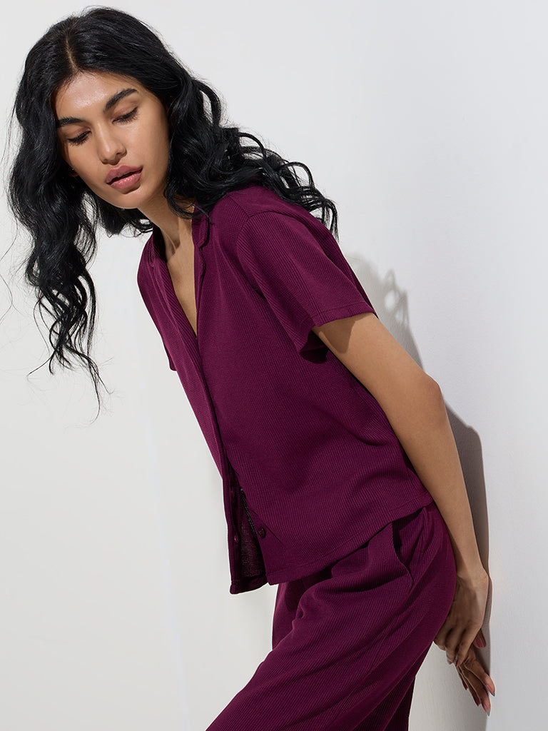 Westside Superstar Women's Wine Waffle-Textured Shirt for Casual Wear Front View