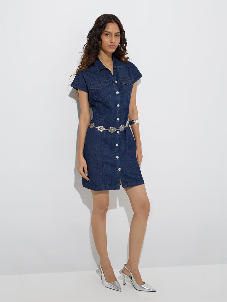 Westside Nuon Women's Dark Blue Denim Shirt Dress for Casual Wear Front View