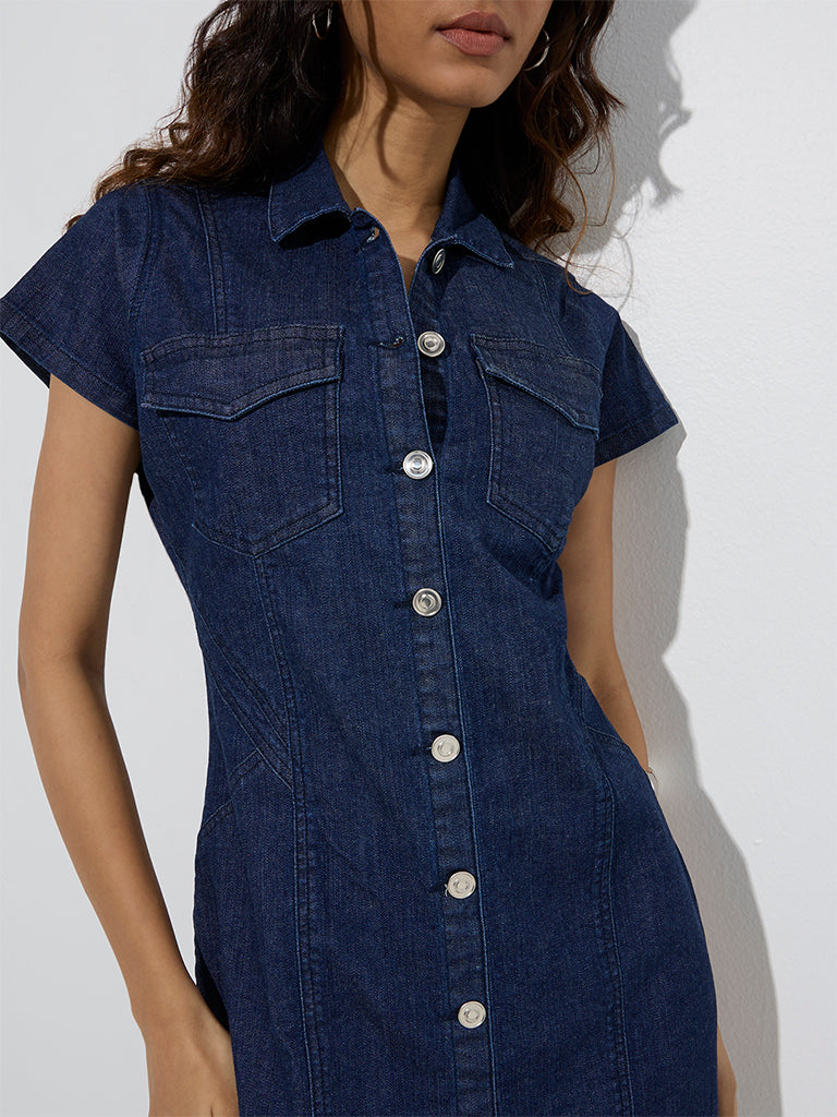 Westside Nuon Women's Dark Blue Denim Shirt Dress for Casual Wear Zoomed View