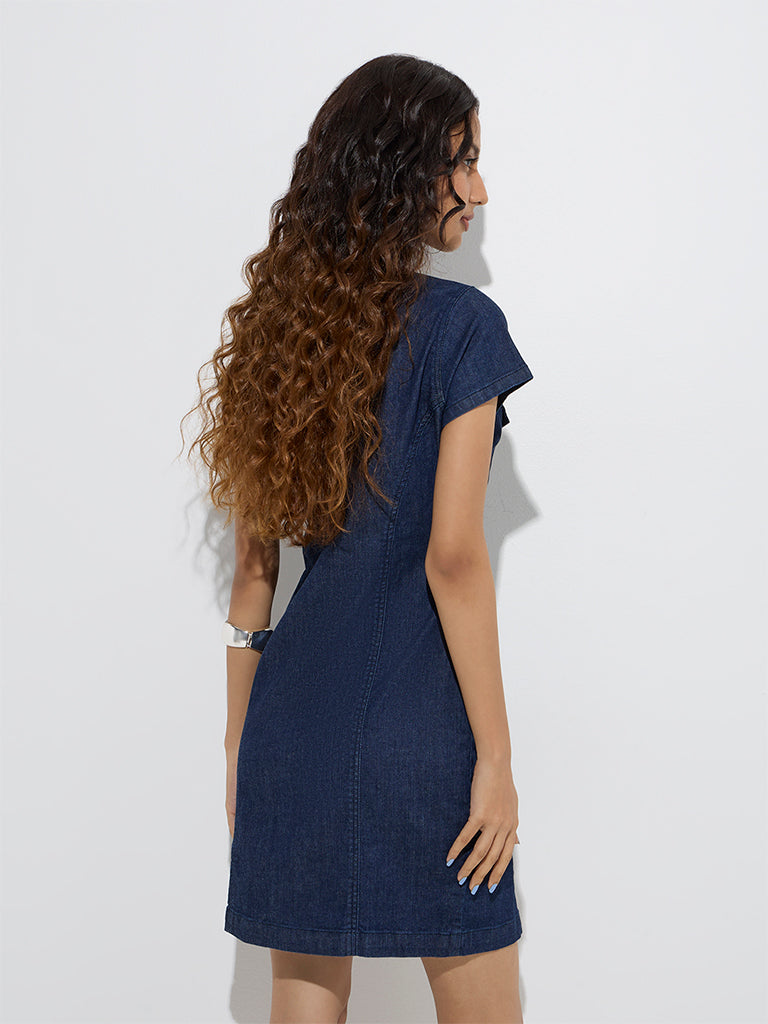 Westside Nuon Women's Dark Blue Denim Shirt Dress for Casual Wear Back View