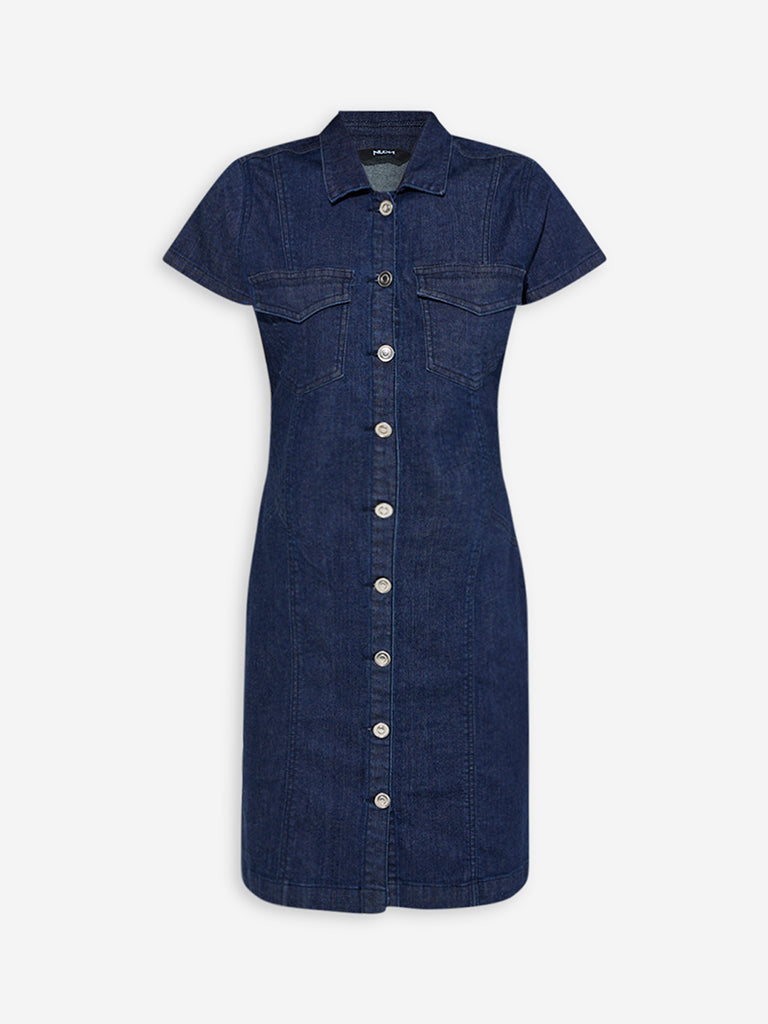Westside Nuon Women's Dark Blue Denim Shirt Dress for Casual Wear Flatly