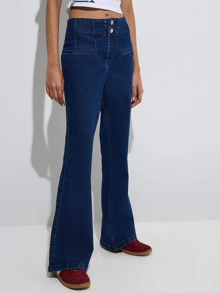 Westside Nuon Women's Dark Blue Mid-Rise Bootcut Jeans for Casual Wear Front View