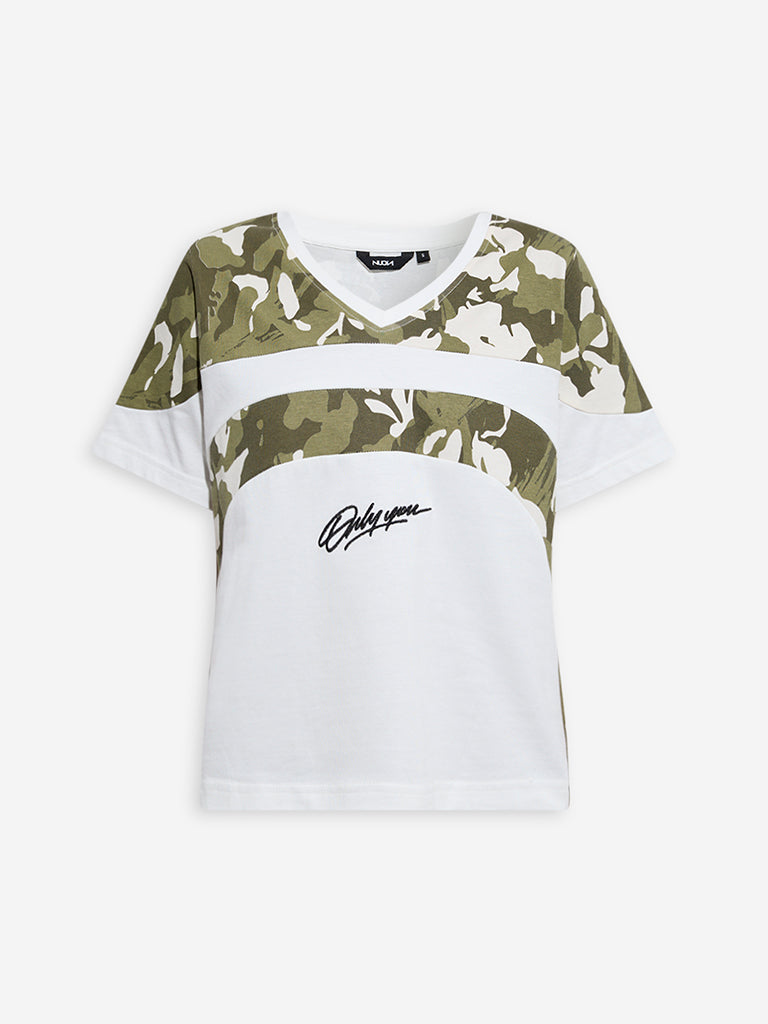 Westside Nuon Women's White Camouflage Detailed T-Shirt for Casual Wear Flatly