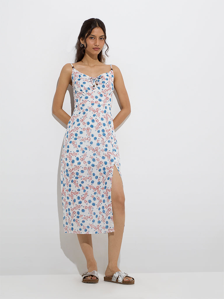 Bombay Paisley White Floral Detailed Cotton Straight Dress