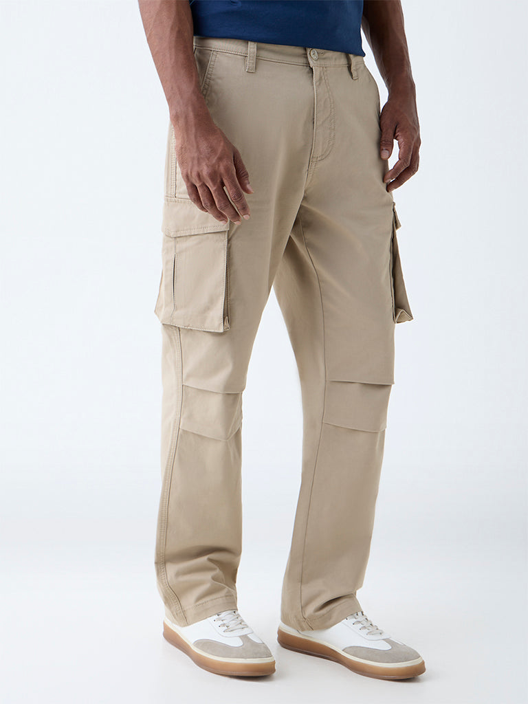 Westside WES Casuals Men's Beige Relaxed-Fit Mid-Rise Cotton-Blend Chinos for Casual Wear Front View