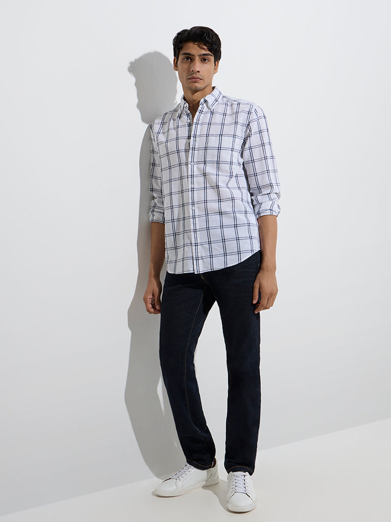 Westside WES Casuals Men's White Checkered Relaxed-Fit Linen-Blend Shirt for Casual Wear Full Model View