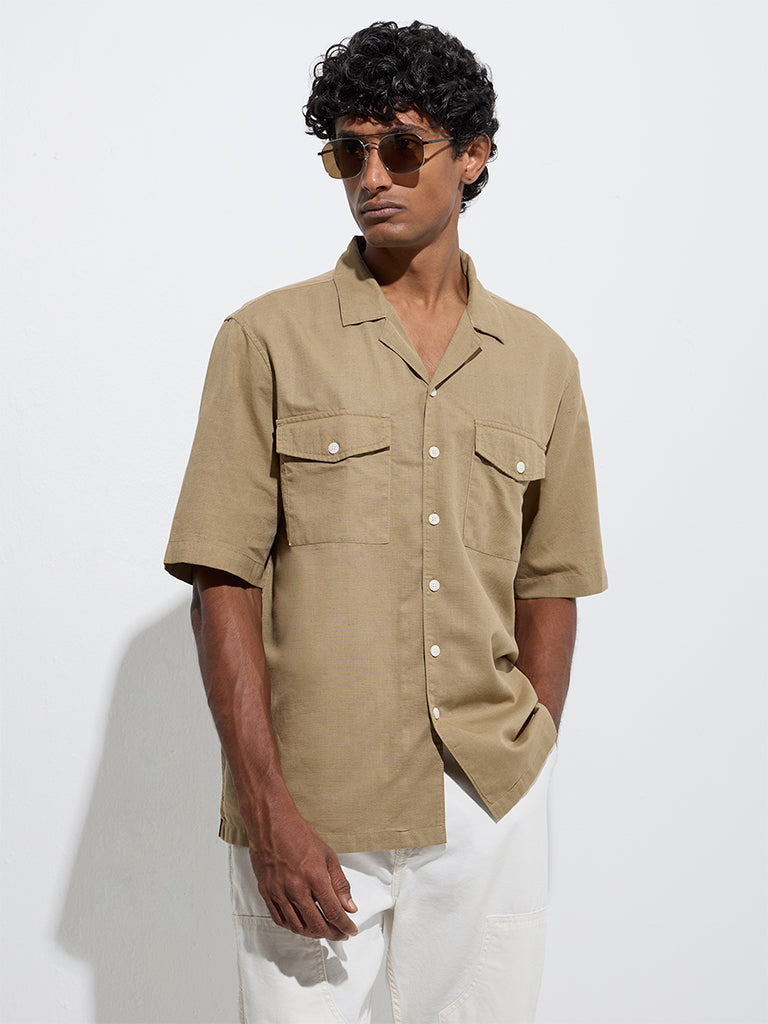 Westside WES Casuals Men's Dark Beige Solid Relaxed-Fit Cotton-Blend Shirt for Casual Wear Front View