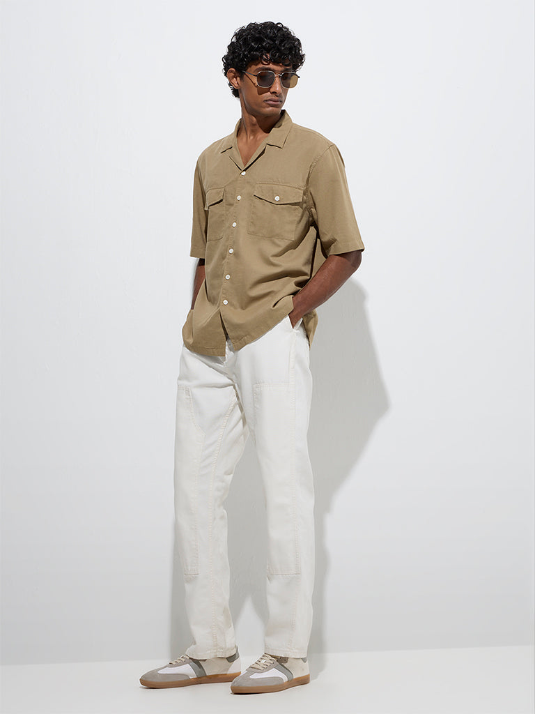 Westside WES Casuals Men's Dark Beige Solid Relaxed-Fit Cotton-Blend Shirt for Casual Wear Full Model View