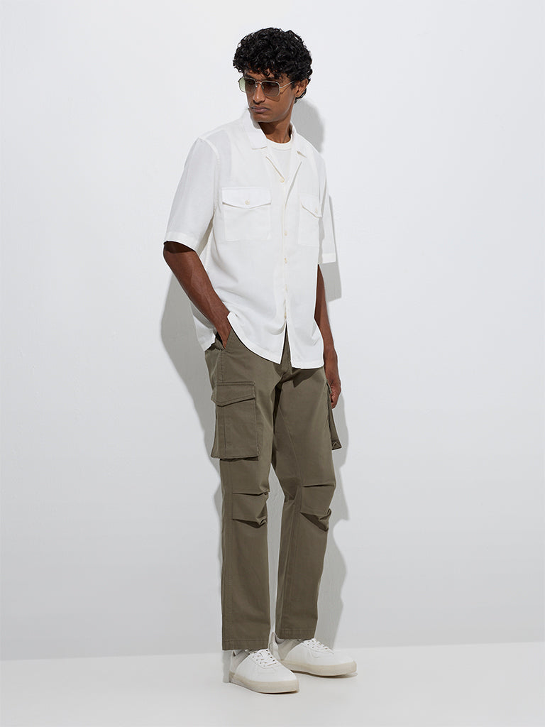 Westside WES Casuals Men's Off-White Solid Relaxed-Fit Cotton Shirt for Casual Wear Full Model View