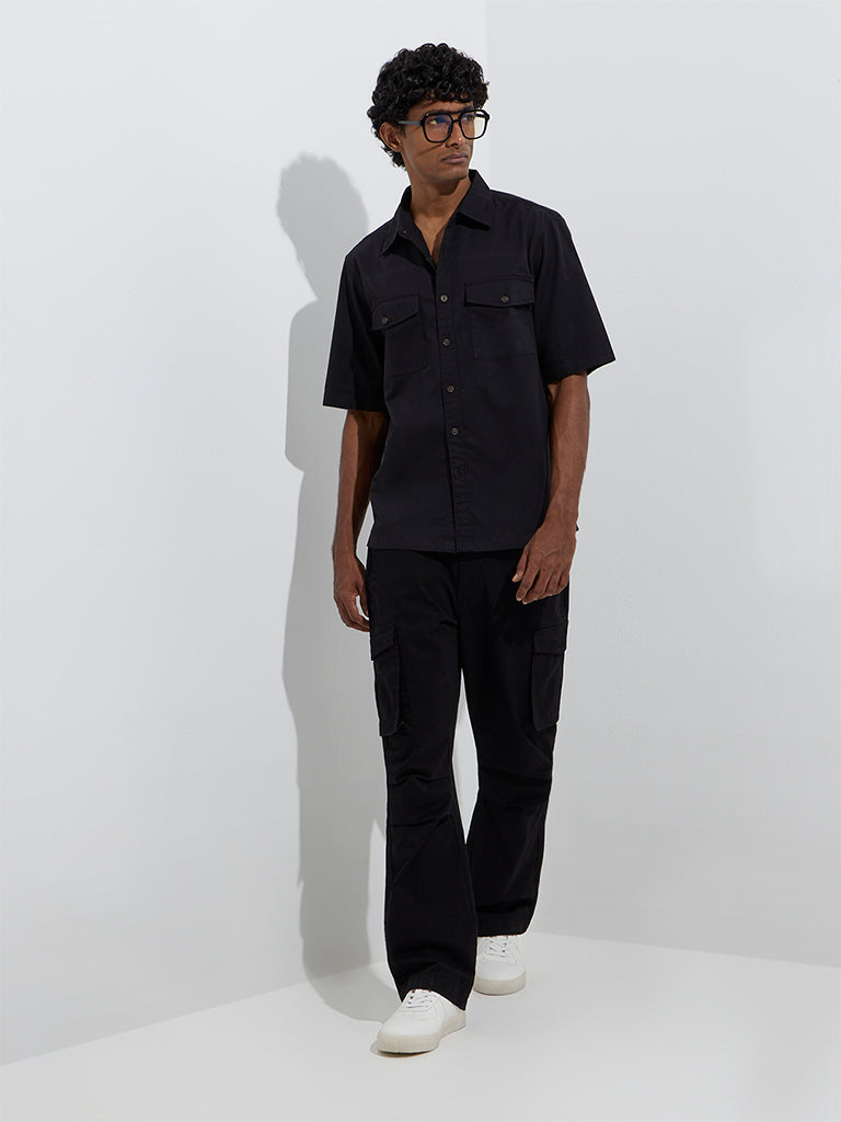 Westside WES Casuals Men's Black Solid Relaxed-Fit Cotton Shirt for Casual Wear Full Model View