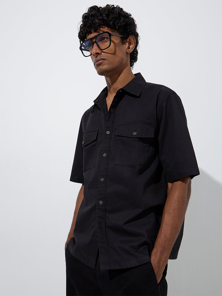 Westside WES Casuals Men's Black Solid Relaxed-Fit Cotton Shirt for Casual Wear Front View