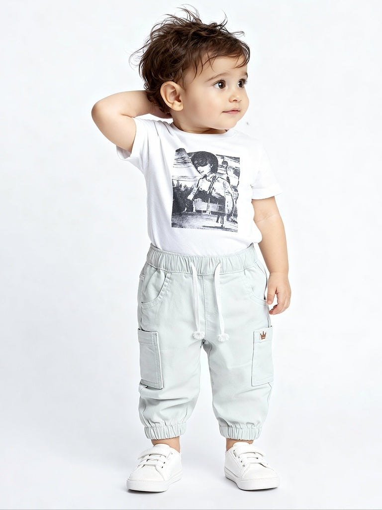 HOP Baby Boys White Mid-Rise Cotton-Blend Joggers