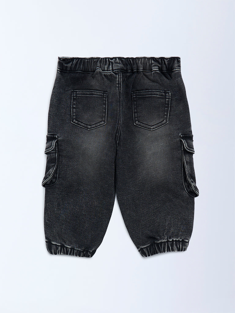 HOP Baby Boys Black Faded Mid-Rise Denim Joggers