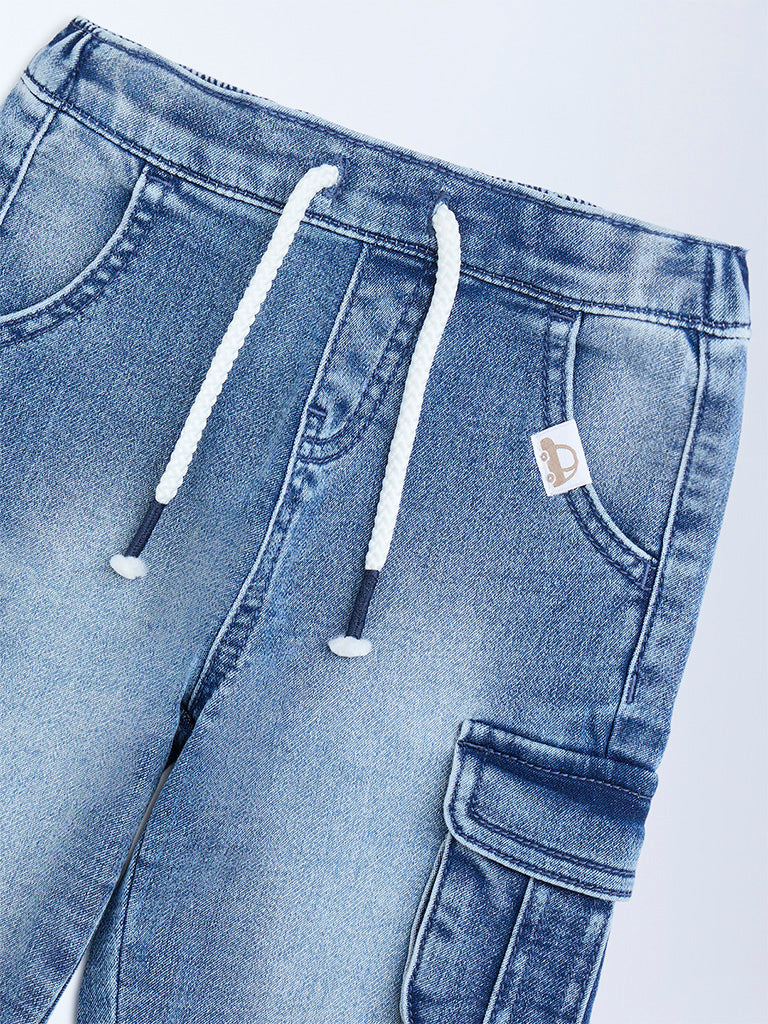 HOP Baby Boys Blue Faded Mid-Rise Denim Joggers