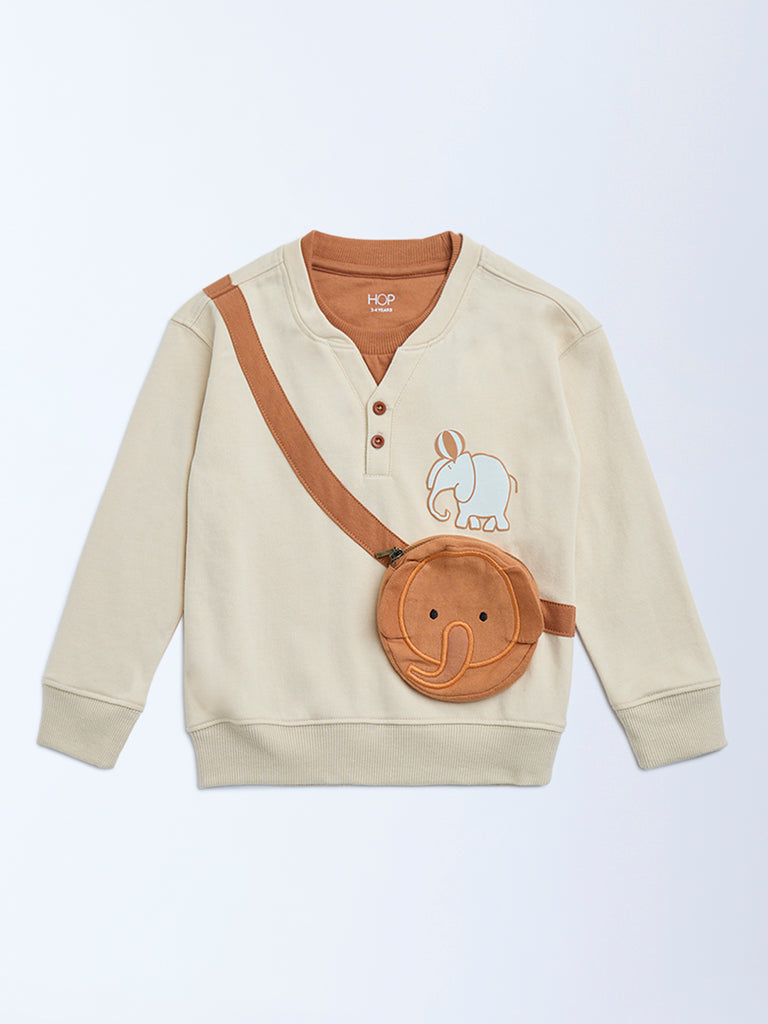 Westside HOP Kids Beige Animal Design Cotton-Blend Sweatshirt for Winter Wear Front View