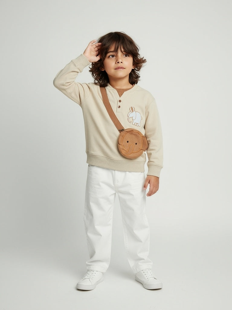 HOP Kids Boys Beige Animal Design Cotton-Blend Sweatshirt