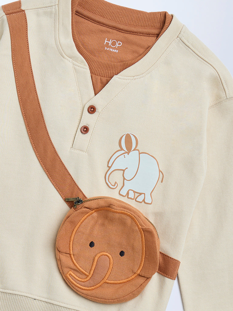 Westside HOP Kids Beige Animal Design Cotton-Blend Sweatshirt for Winter Wear Zoomed View