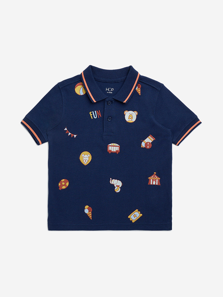 Westside HOP Kids Navy Embroidered Cotton Polo T-Shirt for Casual Wear Front View