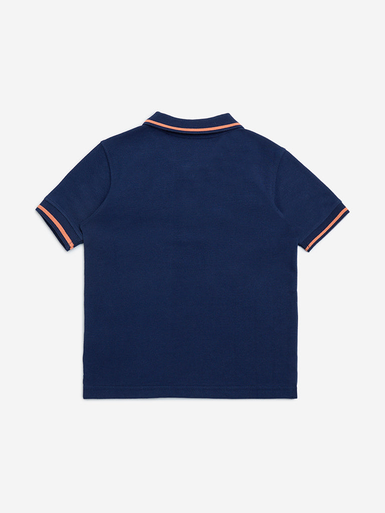 Westside HOP Kids Navy Embroidered Cotton Polo T-Shirt for Casual Wear Back View