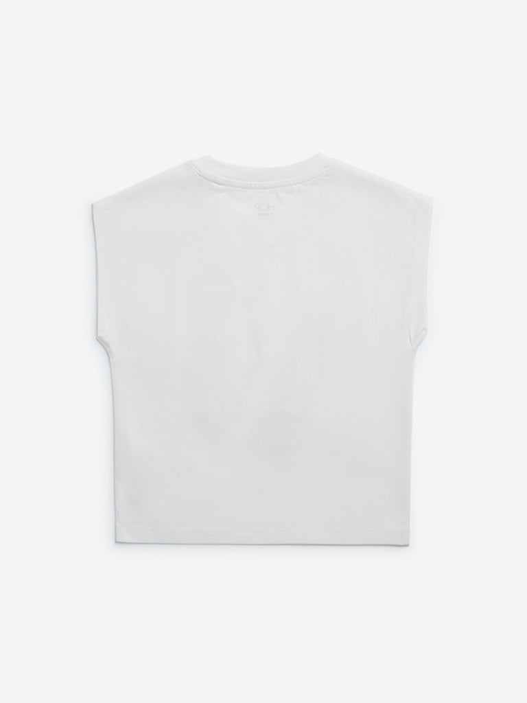 Westside HOP Kids White Printed Cotton Top for Casual Wear Back View
