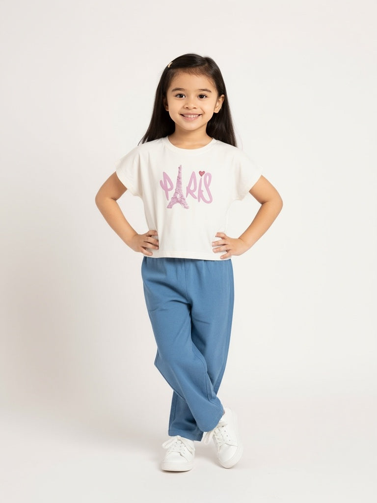 HOP Kids Girls White Typographic Cotton T-Shirt