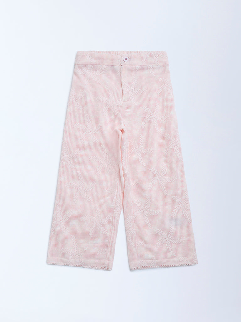 Westside HOP Kids Pink Lace Detailed High-Rise Cotton-Blend Trousers for Casual Wear Front View