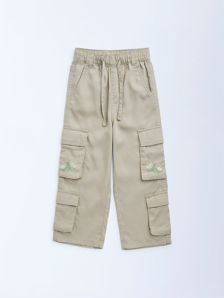 HOP Kids Girls Beige Cargo-Style High-Rise Trousers