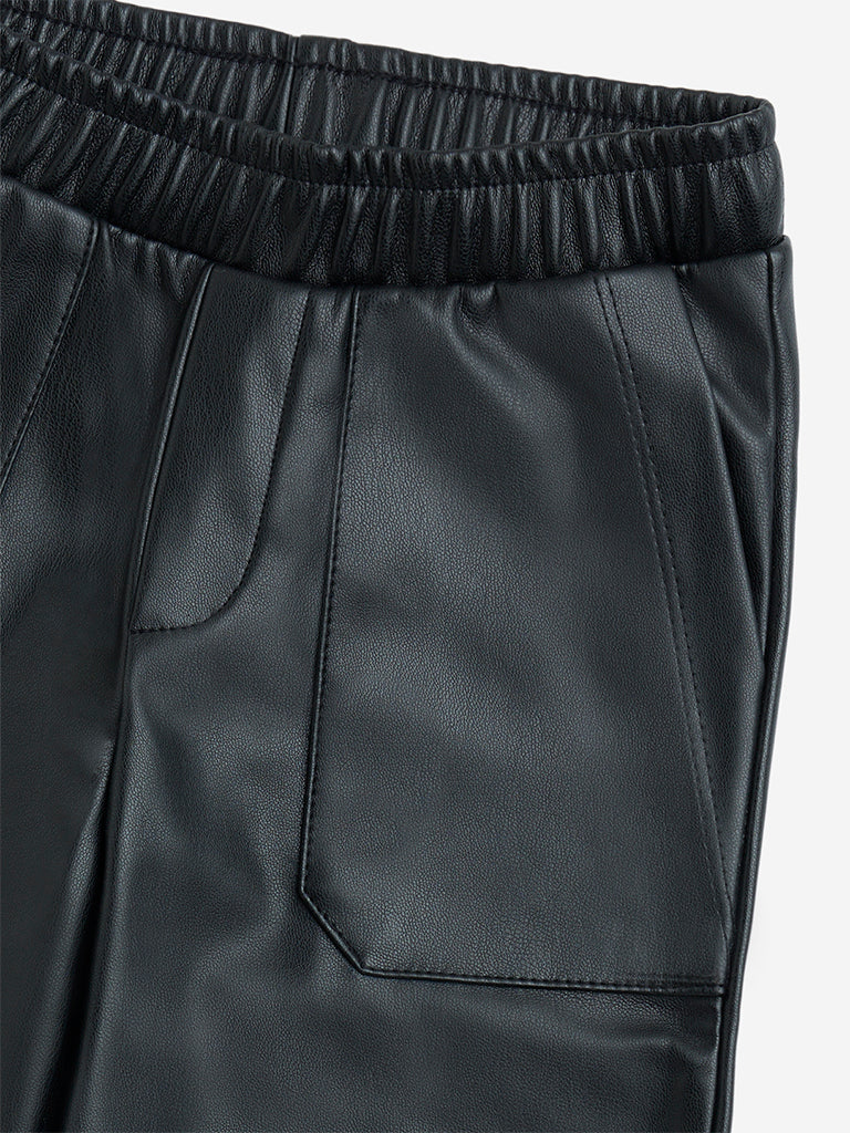 HOP Kids Girls Black Solid High-Rise Faux-Leather Pants