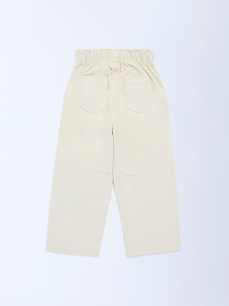 HOP Kids Girls Beige Floral Printed High-Rise Corduroy Trousers