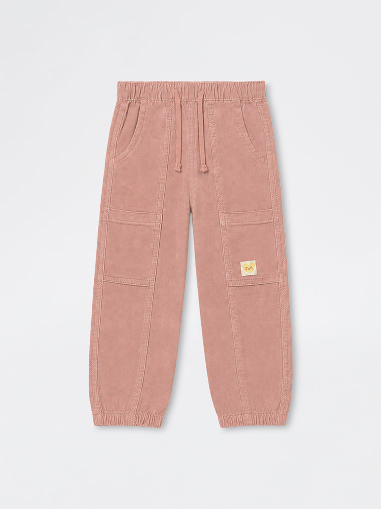 HOP Kids Girls Dusty Pink Textured High-Rise Cotton-Blend Joggers