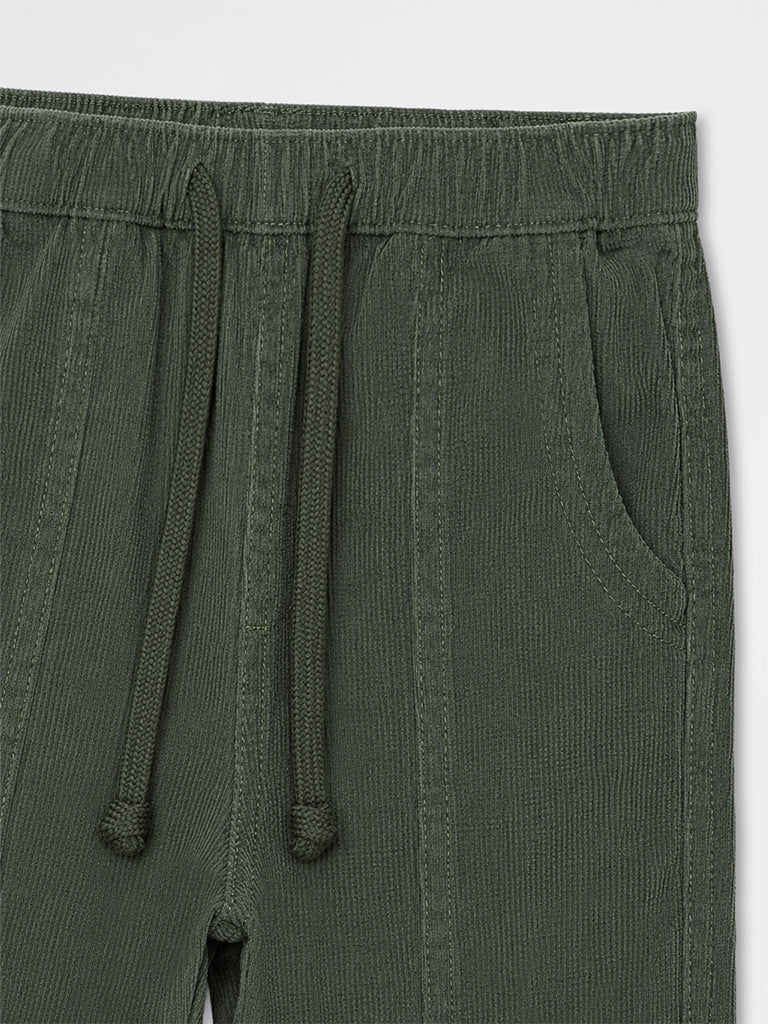 HOP Kids Girls Dark Green Textured High-Rise Cotton-Blend Joggers