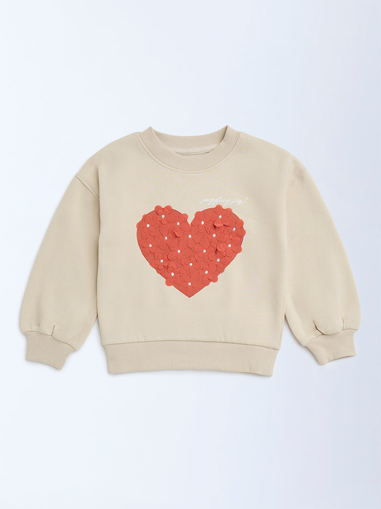 Westside HOP Kids Beige Heart Design Cotton-Blend Sweatshirt for Winter Wear Front View