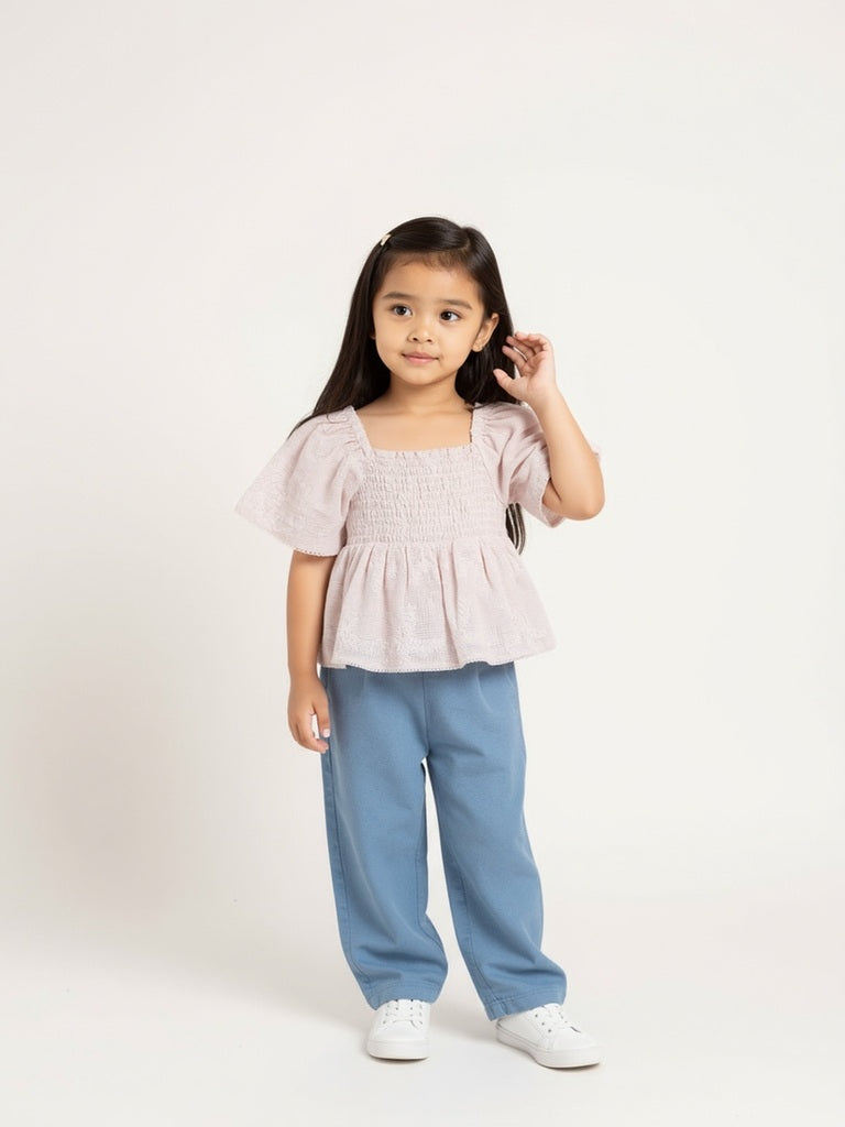 HOP Kids Girls Light Pink Smocked Cotton-Blend Top