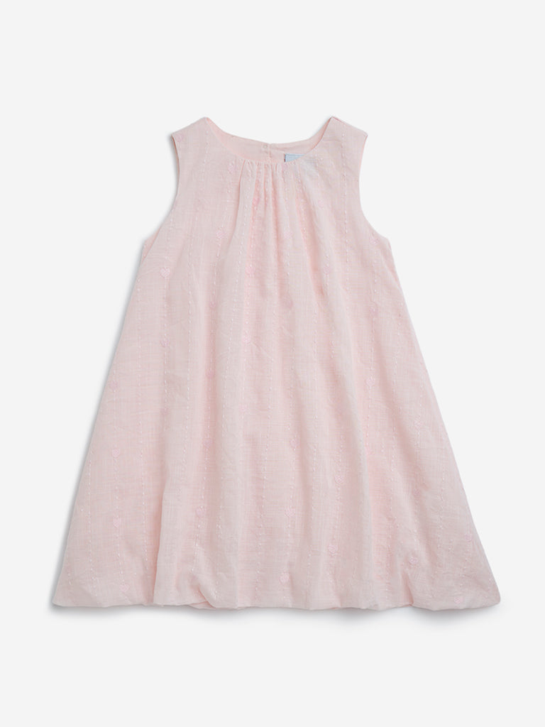 Westside HOP Kids Light Pink Embroidered Cotton A-Line Dress for Casual Wear Front View