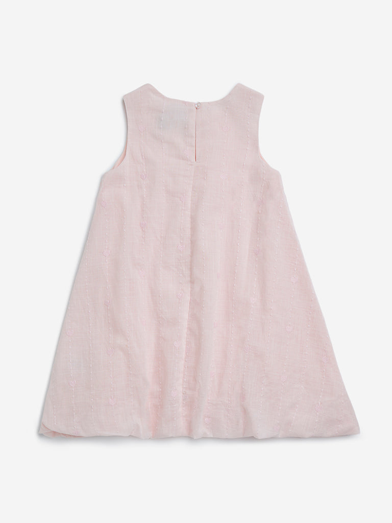 Westside HOP Kids Light Pink Embroidered Cotton A-Line Dress for Casual Wear Back View