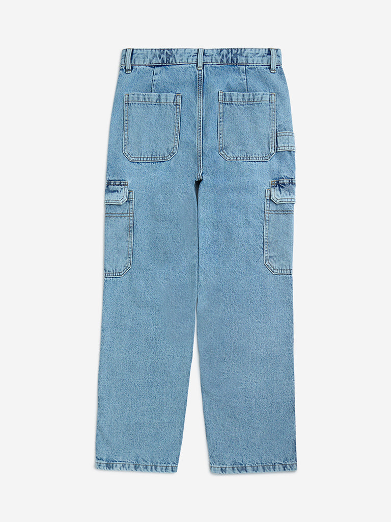 Westside Y&F Boy's Blue Cargo-Style High-Rise Jeans for Casual Wear Back View