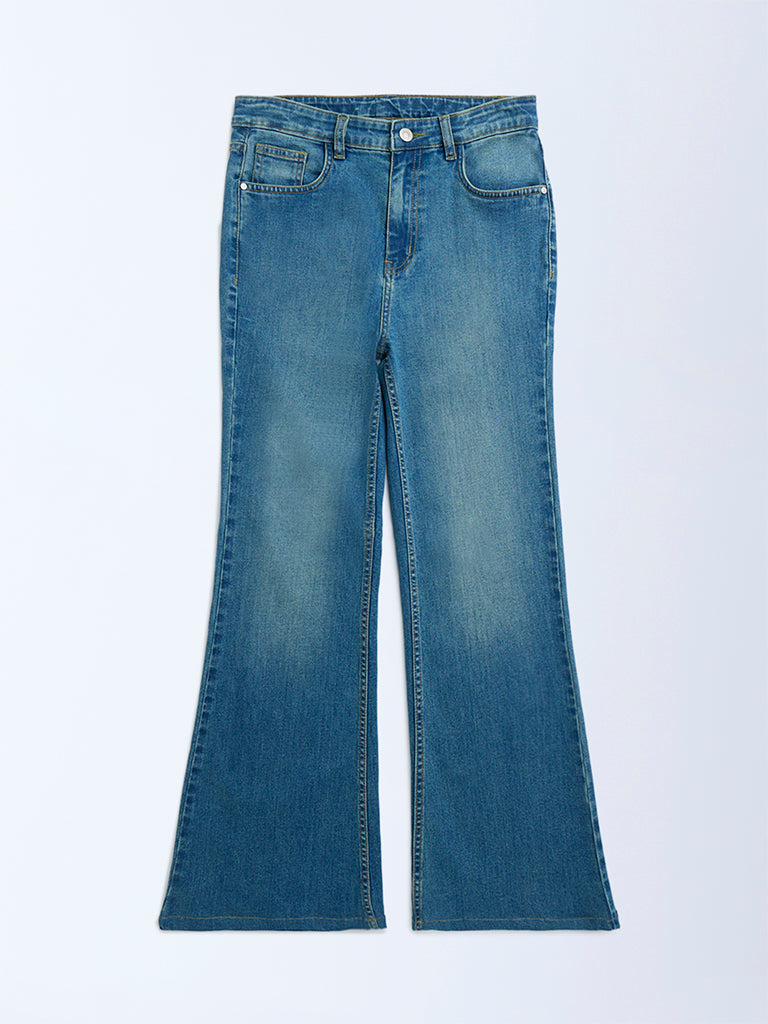 Y&F Kids Girls Blue Faded High-Rise Bootcut Jeans